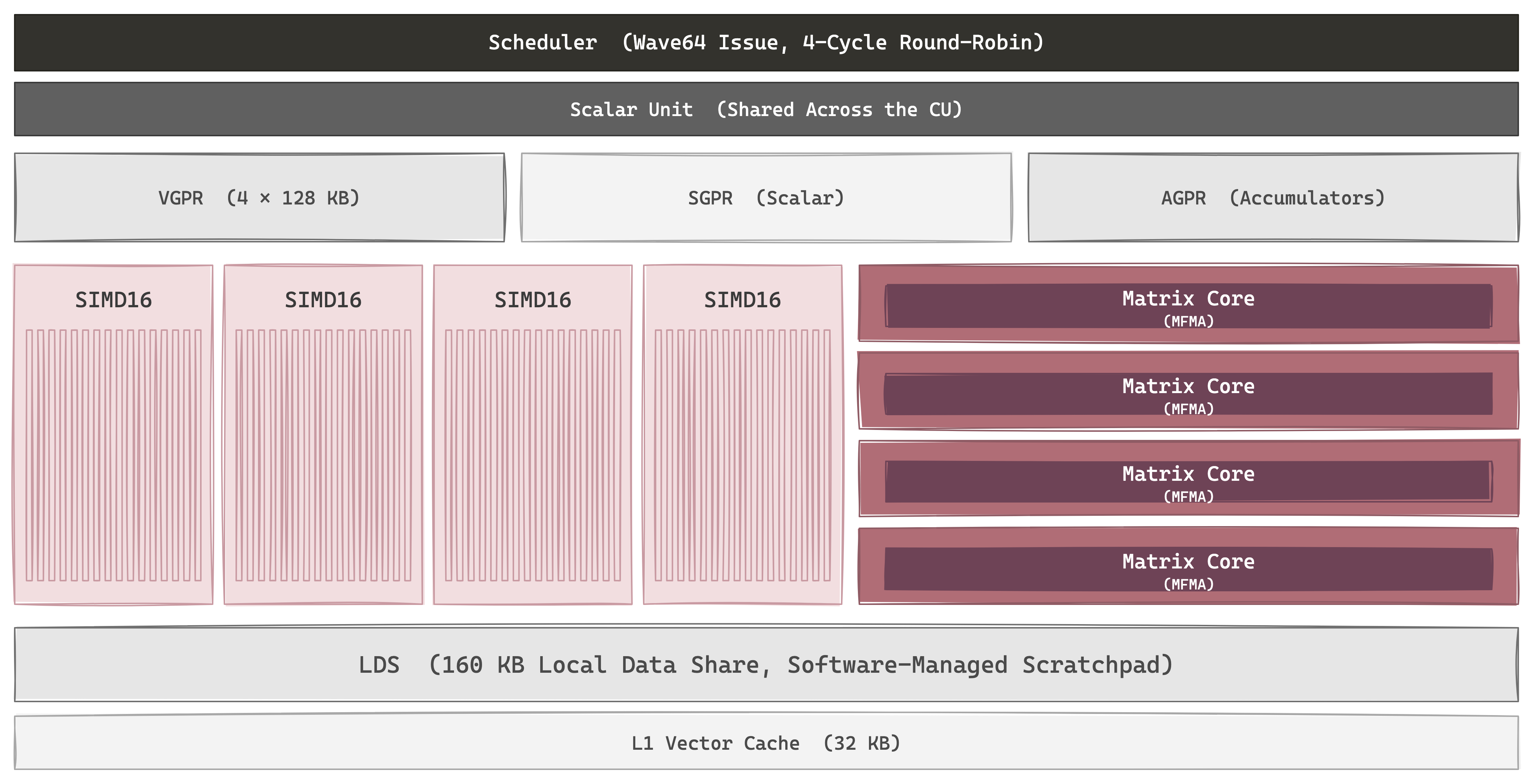 One Compute Unit in zoom — a single Scheduler dispatches wave64 wavefronts across four SIMD16 vector engines over four cycles; each SIMD has its own Matrix Core (MFMA) running matmul beside it. A shared Scalar Unit, three register files (VGPR / SGPR / AGPR), a 160 KB LDS scratchpad, and a 32 KB L1 vector cache complete the recipe — the same shape AMD has held since GCN in 2012.