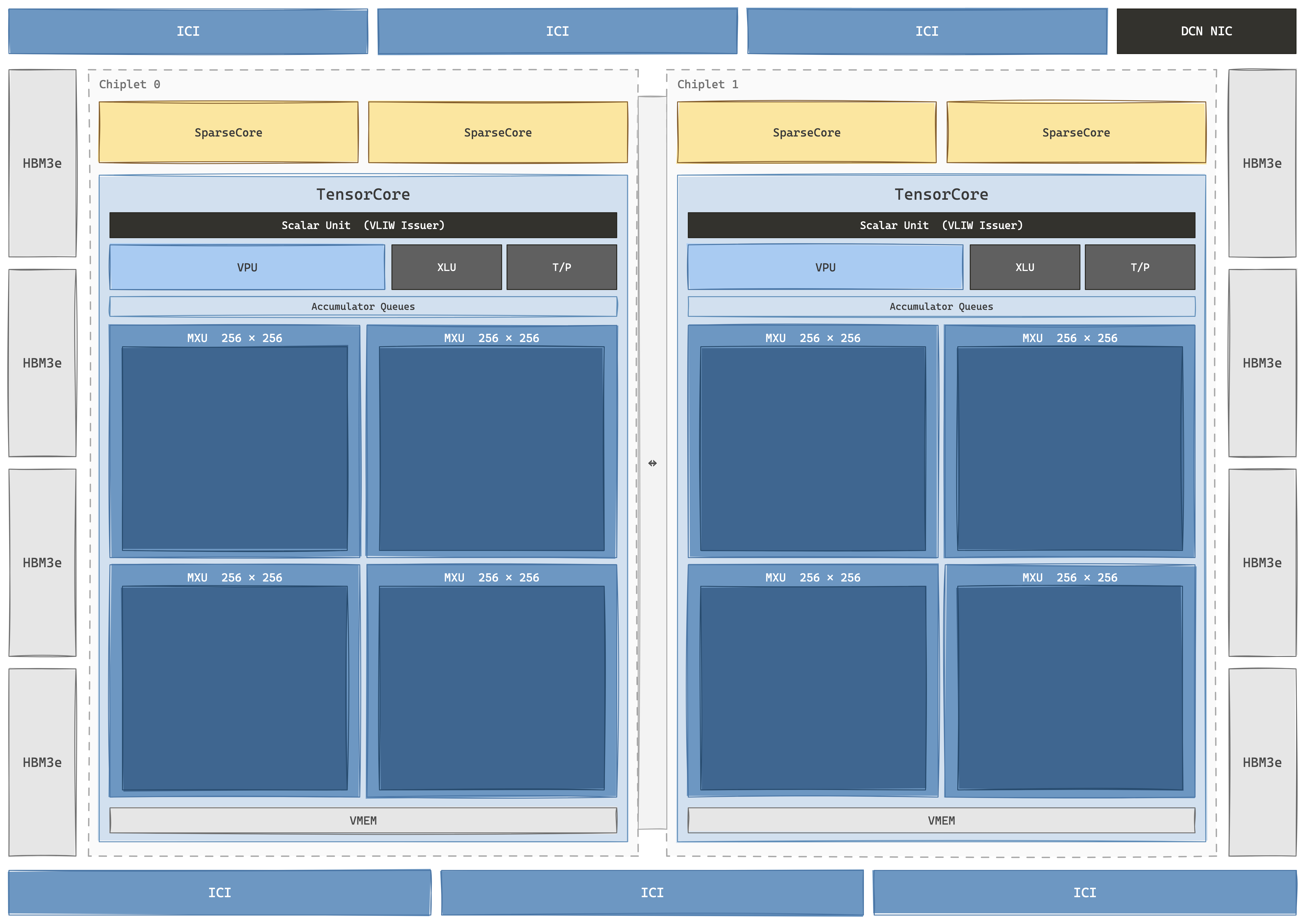 TPU Ironwood / v8t single-package floorplan — two compute chiplets sit side-by-side across a die-to-die bridge; each chiplet carries one TensorCore plus two SparseCore dataflow engines on top, flanked by HBM3e stacks. ICI ports run across the top and bottom for the 3D torus, with a small DCN NIC for scale-out at the top-right.
