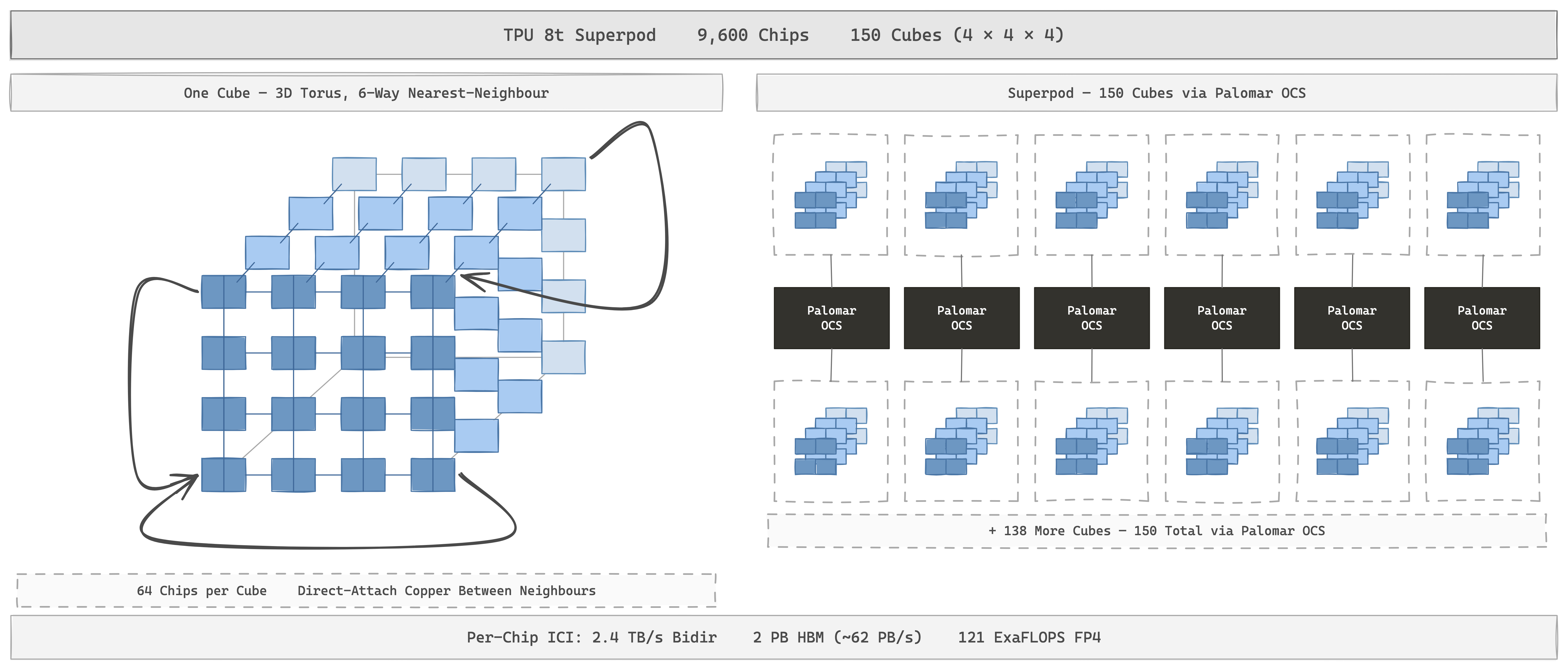 TPU Ironwood superpod — left: one cube of 64 chips (4×4×4) wired in a 3D torus with direct-attach copper between nearest neighbours and edge-wrap on each face. Right: 144 cubes stitched into one coherent ICI domain by Palomar OCS, the 3D-MEMS optical circuit switch that reconfigures the topology per workload.